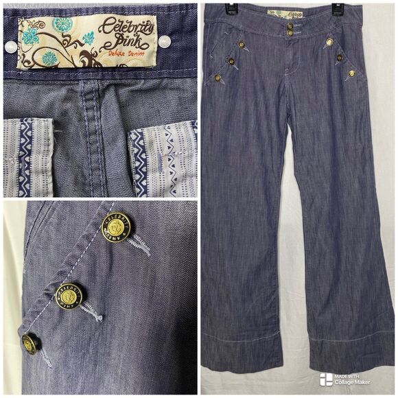 CELEBRITY PINK Denim Sailor Low Rise Wide Leg Dungaree Jeans Womens 7 Dark Blue - Picture 1 of 15